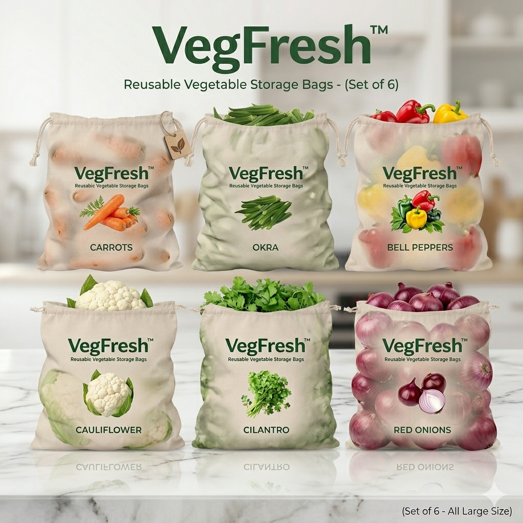 VegFresh™ – Reusable Vegetable Storage Bags (pack of 6)
